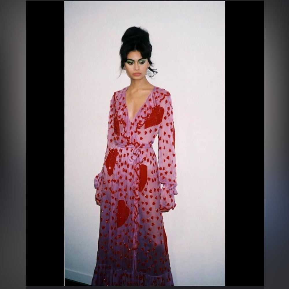 Ashish Lavender-Pink Wrap Maxi Dress with Red Heart Motif